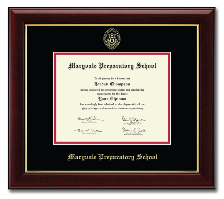Diploma frame with embossed Maryvale crest
