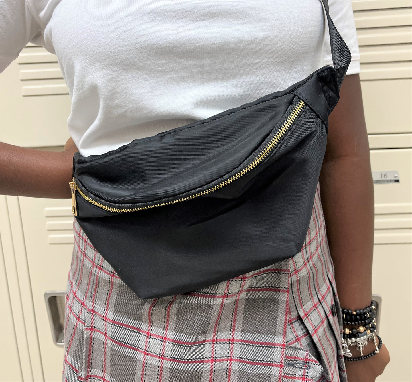 Black Fanny Pack with Gold Zipper and Latch Closure--FINAL SALE