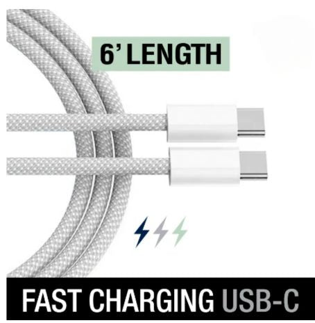 6' Braided Lightening to USB-C Fast Cable--Blue & White--Android & iPhone 15
