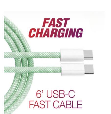6' USB-C to USB-C Fast Cable- Green & Silver--Android